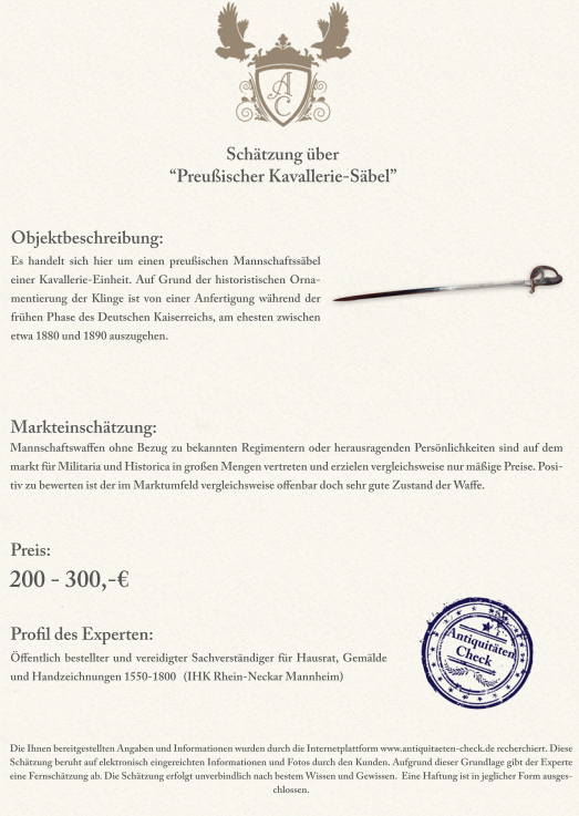 Expertise Preußischer Kavallerie-Säbel